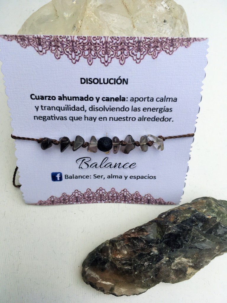 Pulsera ajustable, cuarzo ahumado, piedra volcánica, hilo café oscuro