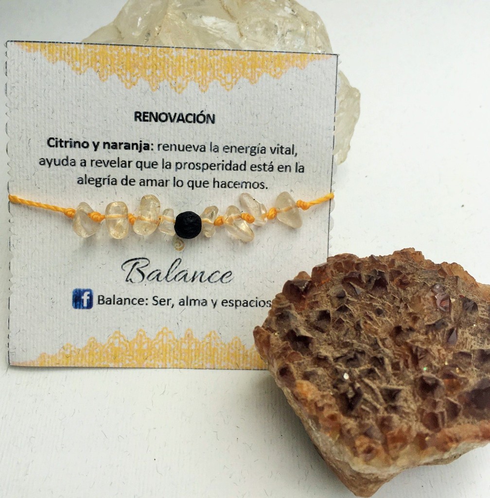 Pulsera ajustable, cuarzo citrino, piedra volcánica, hilo amarillo