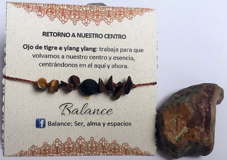 Pulsera ajustable, piedra ojo de tigre, piedra volcánica, hilo café claro